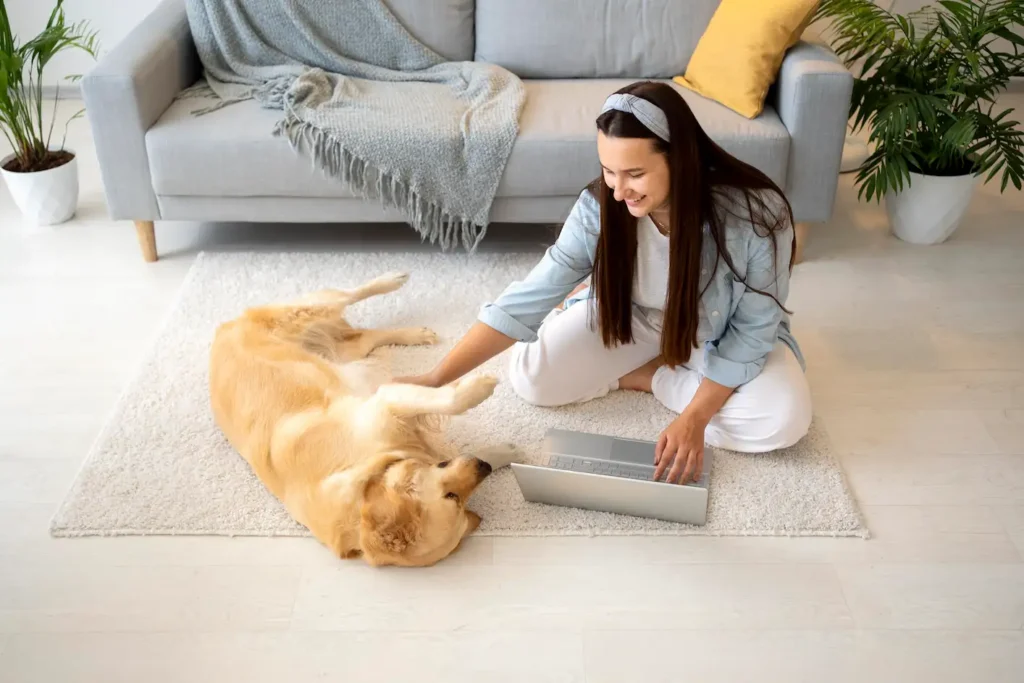 Women with dog on carpet